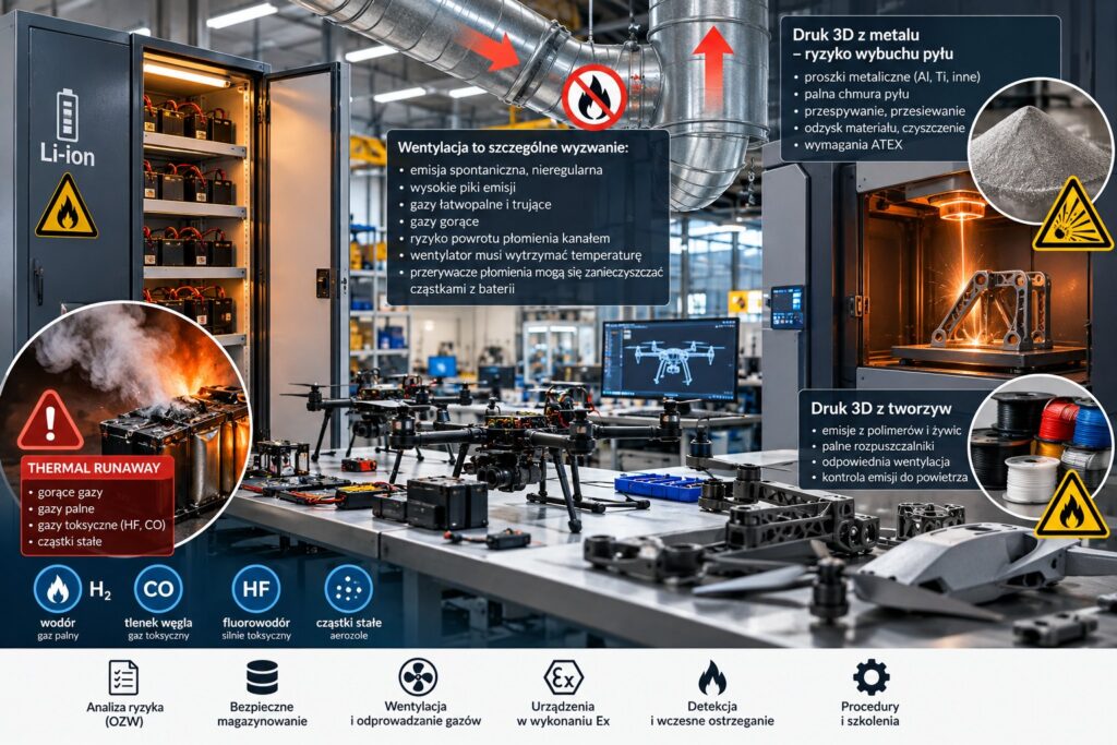 Zagrożenia przy produkcji dronów: baterie Li-ion, thermal runaway, wentylacja i druk 3D