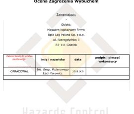 Ocena zagrożenia wybuchem ładowanie baterii akumulatorów wózków. W elektrycznych wózkach magazynowych będą użytkowane baterie wyprodukowane w technologii VRLA. Zawsze liczą się najgorsze możliwe warunki pracy. Podczas ładowania baterii i przez godzinę po zakończeniu ładowania, jest emisja wodoru. strona 1 - tytułowa